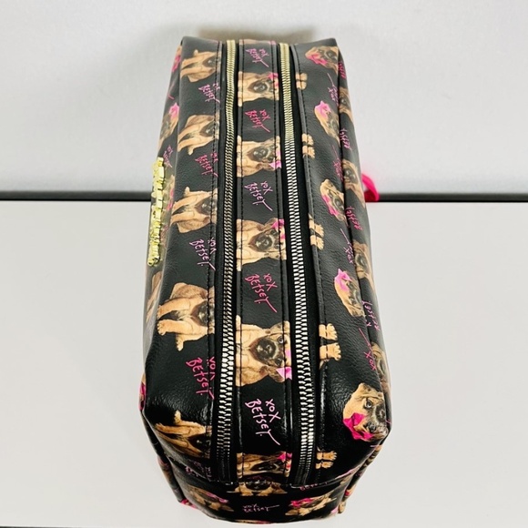 Betsey Johnson Dog Double Zip Cosmetic Make-up Bag Black Puppies - Picture 5 of 10